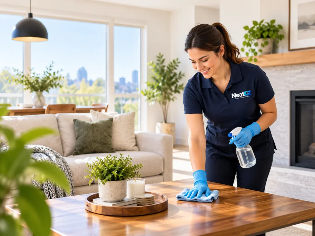 Neatez cleaning professional cleaning a modern living room in Ottawa